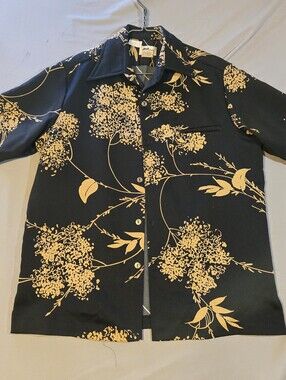 Vintage 70s Tori Richard Honolulu Hawaiian Shirt Mens Medium Black Gold Floral